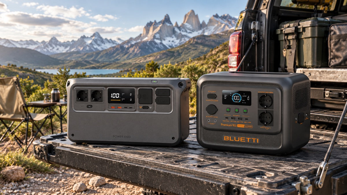 Estaciones de energía DJI Power 1000 V2 y Bluetti Premium 100 V2 en un campamento overland