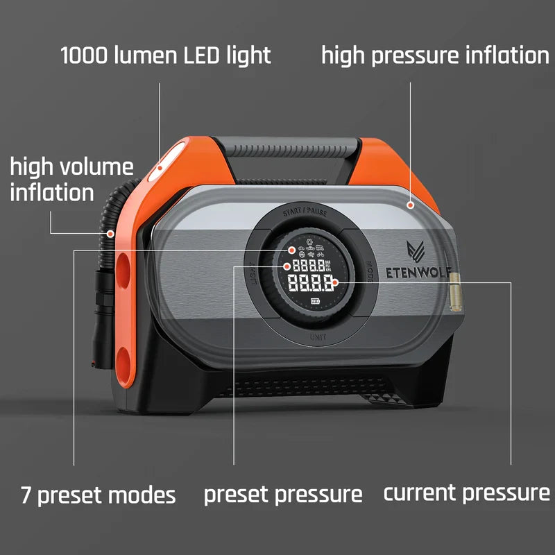 Compresor Inalámbrico Heavy-Duty y Powerbank Vortex S6 (19.200 mAh) – Etenwolf