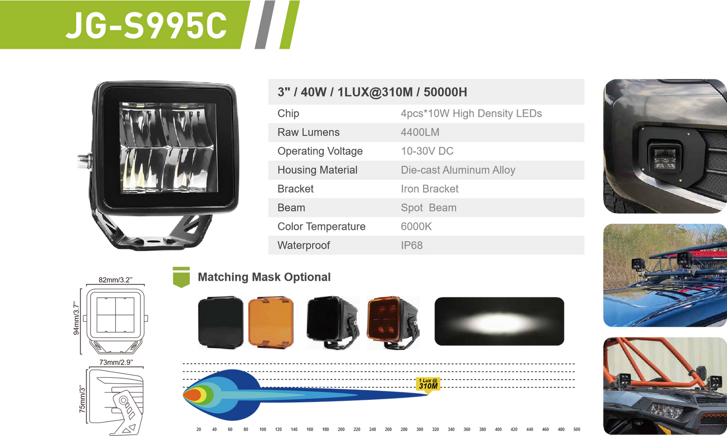 Par focos LED cuadrado 3" / 40W. Incluye tapas protectoras negras. – Moab