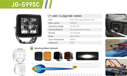 Par focos LED cuadrado 3" / 40W. Incluye tapas protectoras negras. – Moab