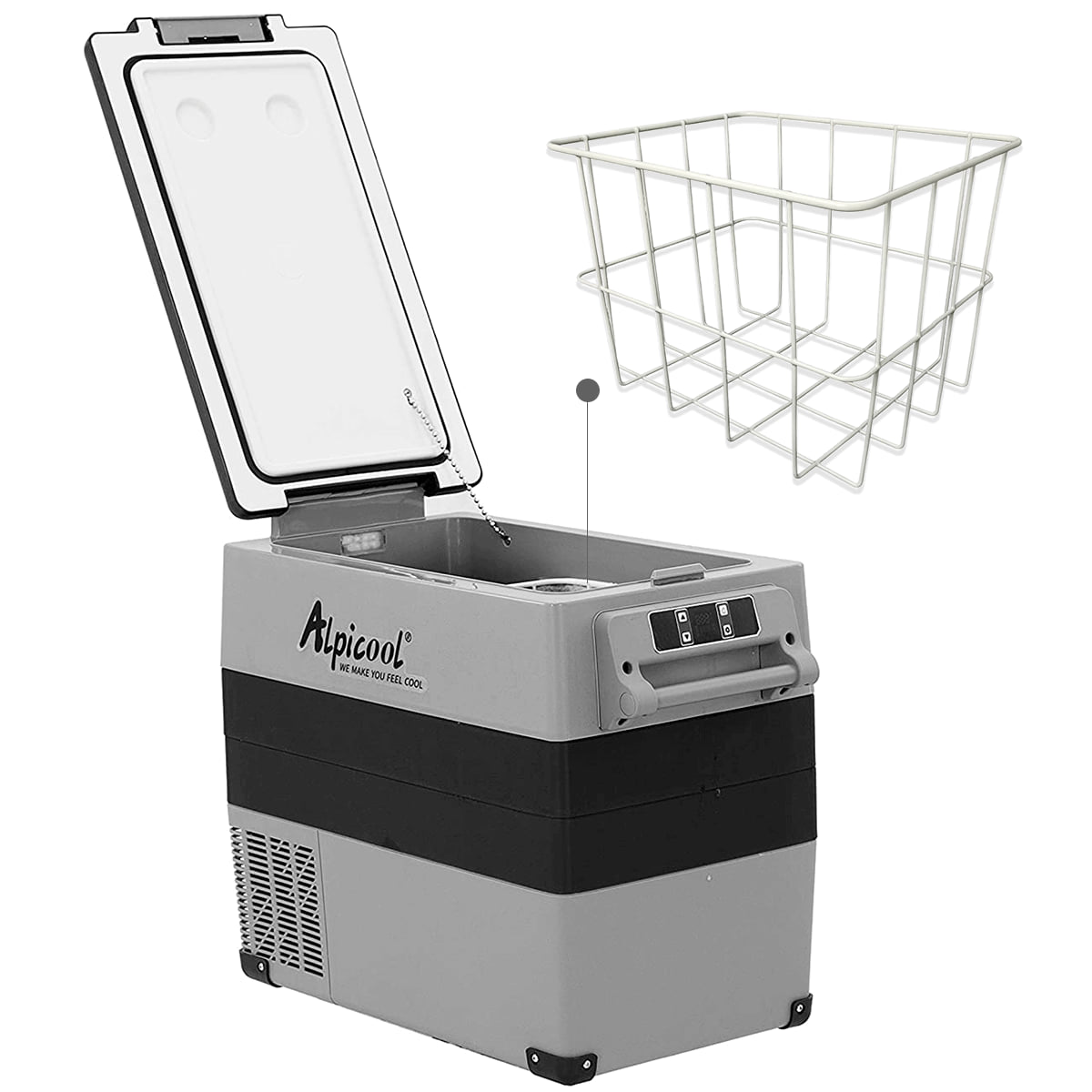 Refrigerador portátil Alpicool CF55 gris con tapa abierta y cesta metálica extraíble