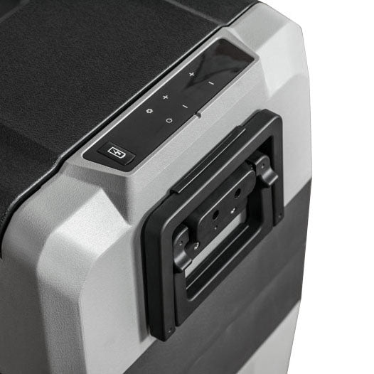 Panel de control y asa del refrigerador portátil Alpicool T60 en diseño gris y negro