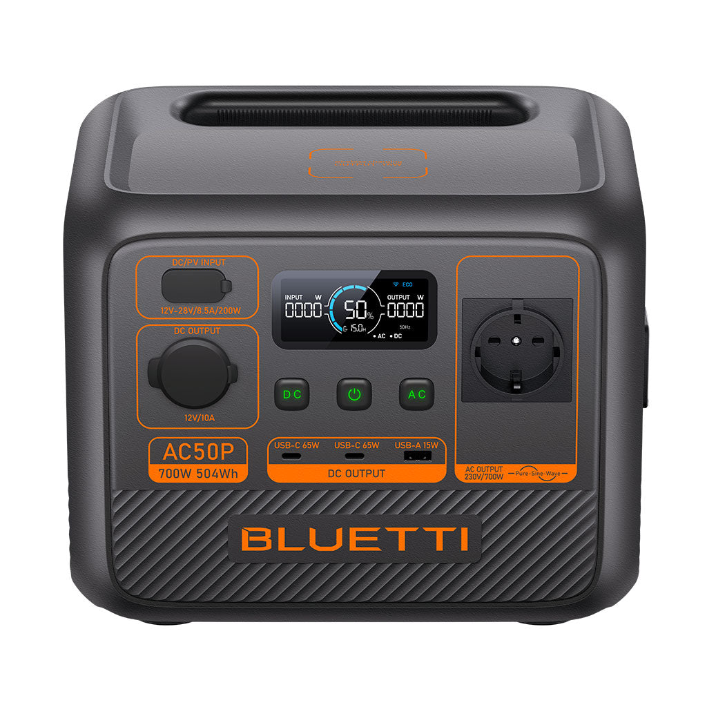 Estación de Energía AC50P Bluetti con pantalla digital y múltiples puertos de salida compacta y portátil