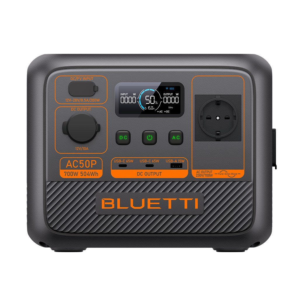 Estación de Energía AC50P de Bluetti con pantalla digital y múltiples puertos de salida