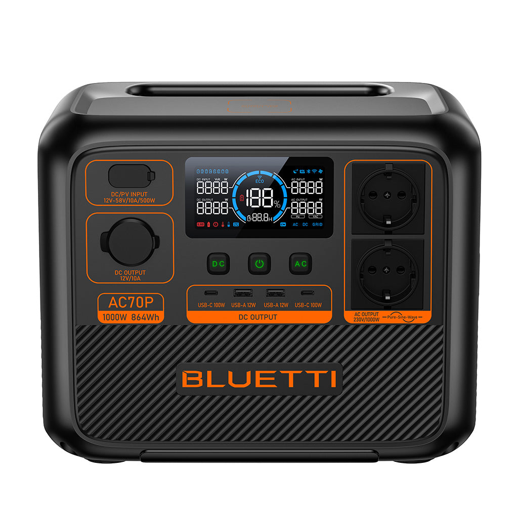 Estación de Energía Bluetti con pantalla digital y múltiples puertos de salida, ideal para camping y emergencias