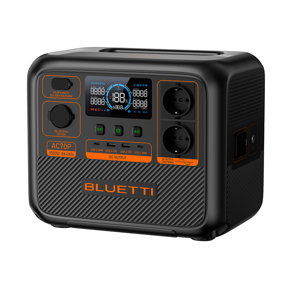 Estación de Energía Bluetti AC20P de 1000W con pantalla digital y múltiples salidas