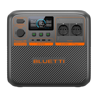 Estación de Energía Premium 200 V2 de Bluetti con pantalla digital y múltiples salidas AC y DC