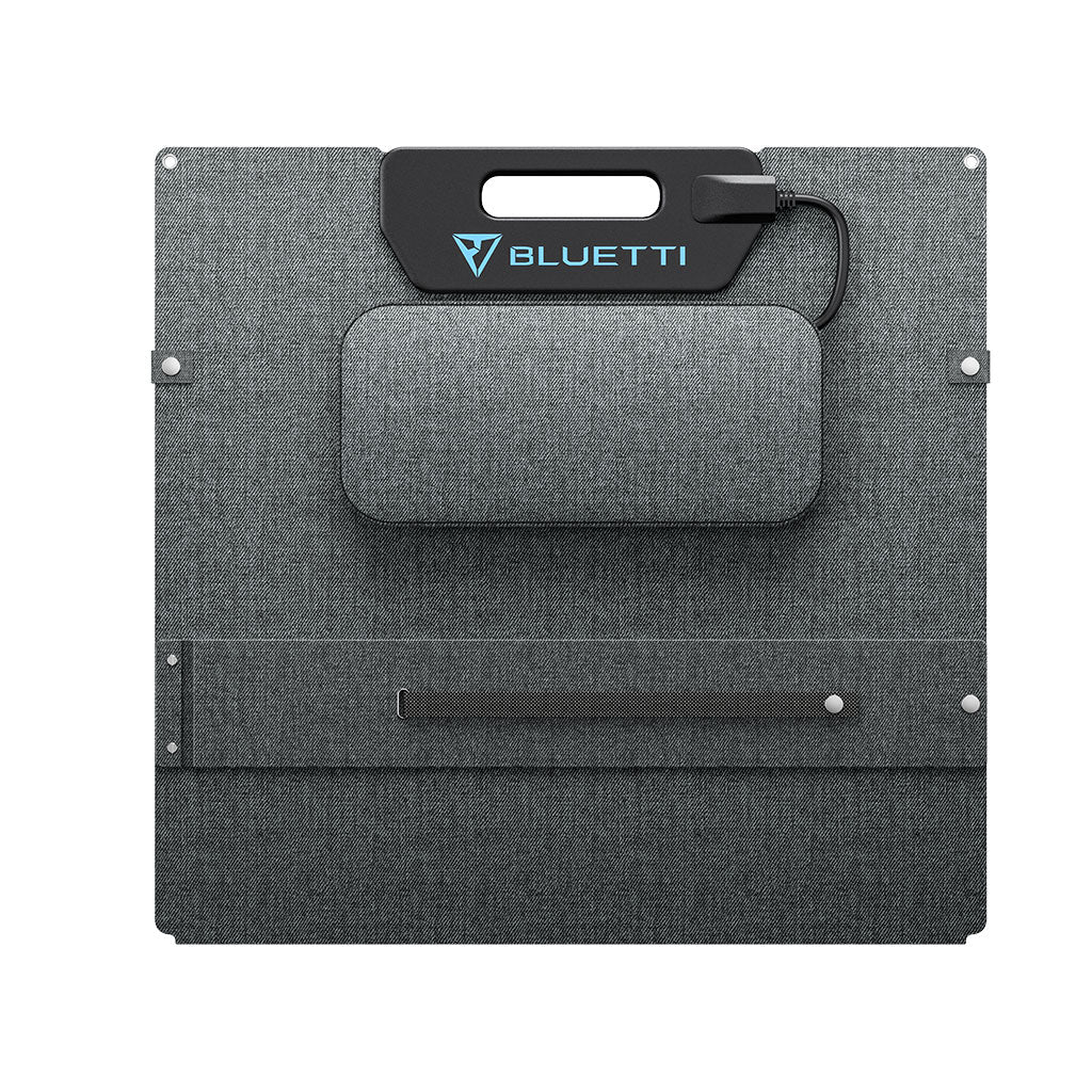 Panel Solar Plegable Bluetti en color gris con diseño compacto y asa para transporte fácil
