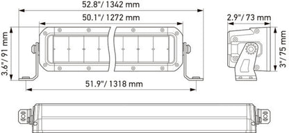 Diagrama técnico de barra LED Hella para iluminación OffRoad con medidas detalladas en milímetros