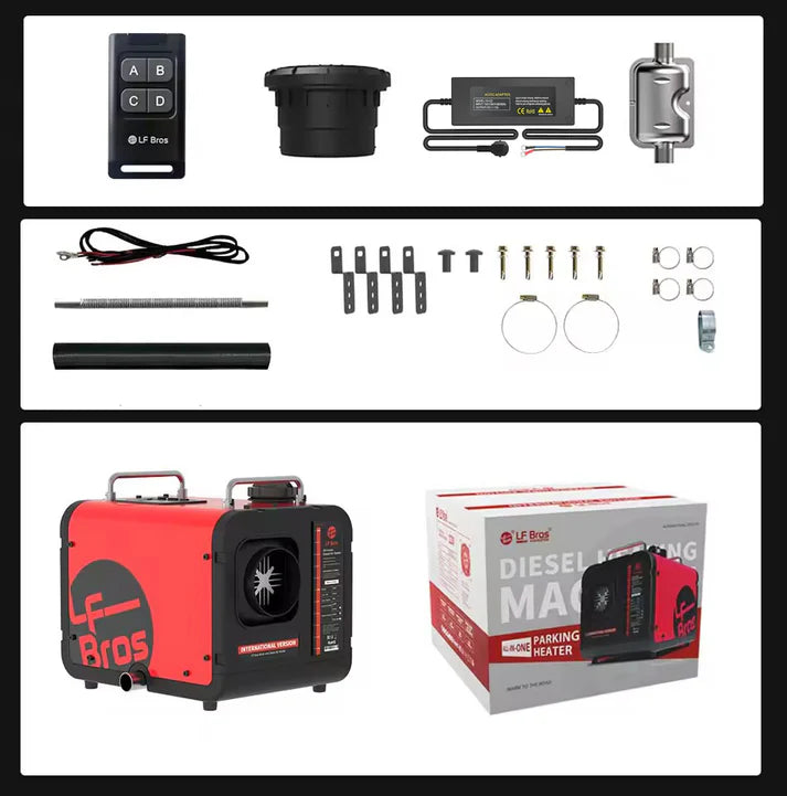 Calefactor Diesel LF Bros portátil con control remoto y accesorios completos para calefacción eficiente