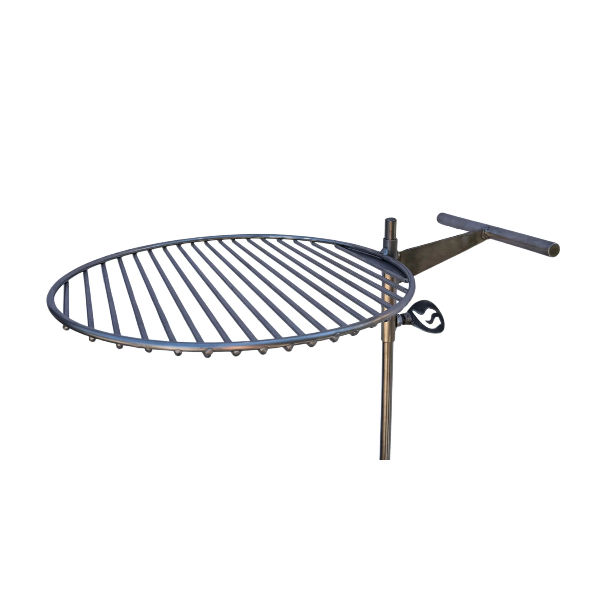 Parrilla inoxidable redonda para camping marca Humos con soporte y mango para asado al aire libre