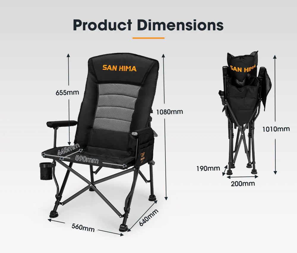 Pack de Sillas y Mesa San Hima con dimensiones detalladas para comodidad y portabilidad