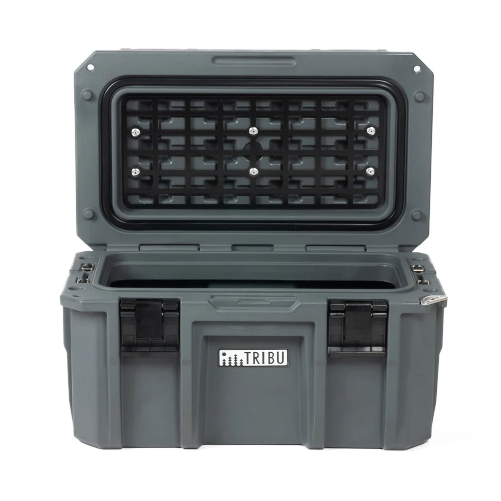 Toolbox TRIBU gris resistente de plastico para herramientas con tapa abierta, cierres metalicos y rejilla interior