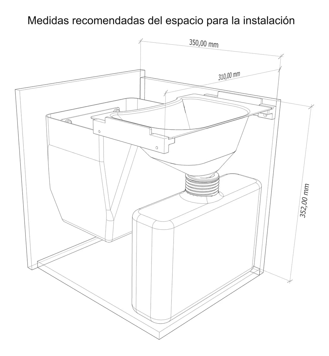Dibujo técnico en blanco y negro con medidas para instalación del Kit Baño Seco de WildRover