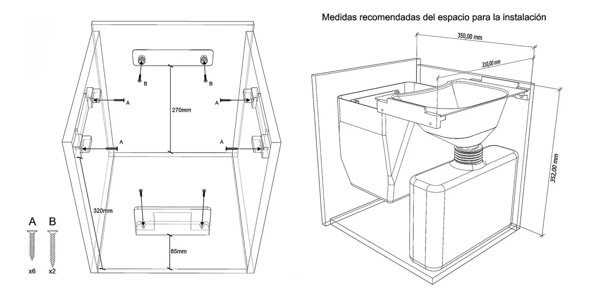 Esquema técnico con medidas para instalación de Kit Baño Seco de WildRover